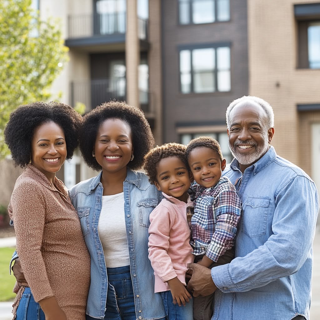 Smiling multigenerational African American family standing outside a modern apartment building