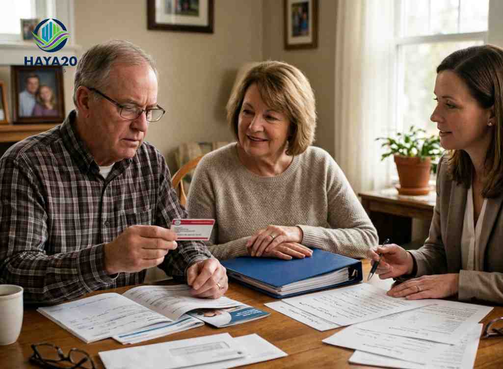 Couple reviewing a Medicare card with an advisor discussing life insurance for seniors.