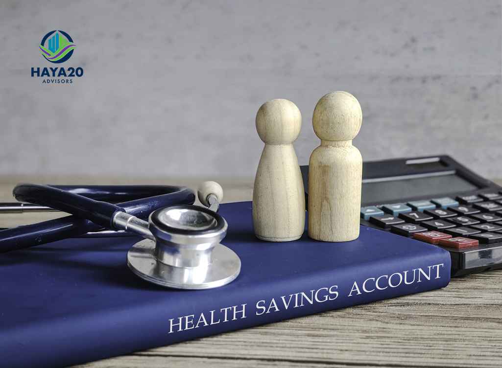 Health Savings Account concept with medical items, savings figures, and financial planning symbols.