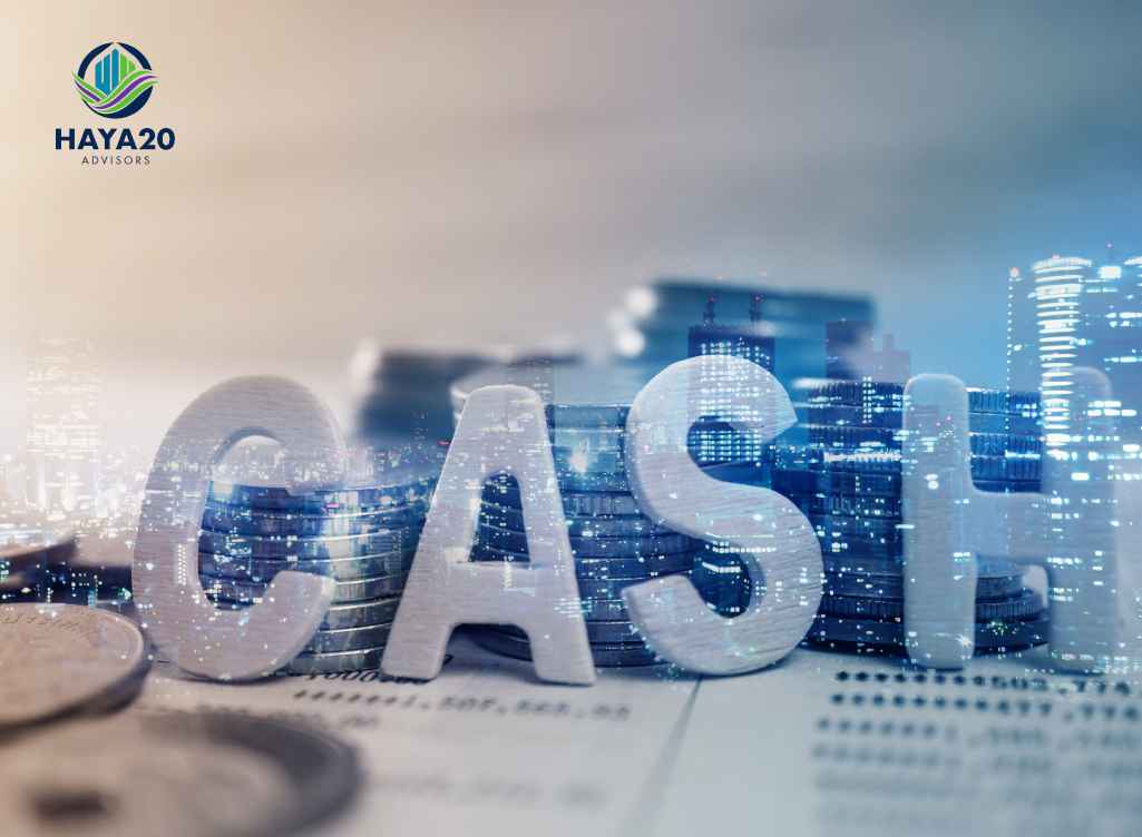 Cash investment concept with coins, city skyline, and HAYA20 Advisors branding.