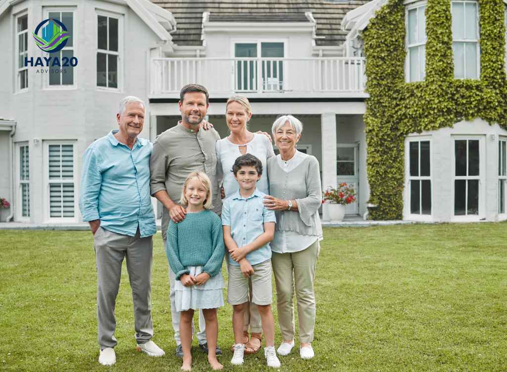 Multigenerational family standing together outside their home.