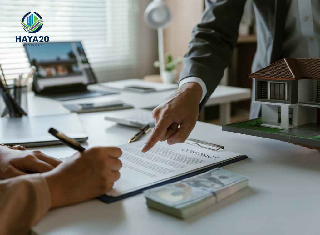Real estate advisor explaining a property contract with cash and a house model.